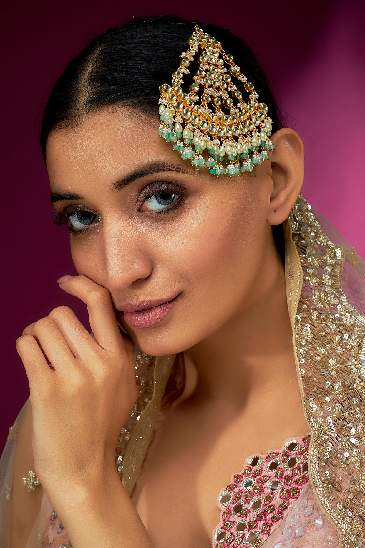 Gold Finish Yellow Kundan Polki & Mint Pearl Pasa