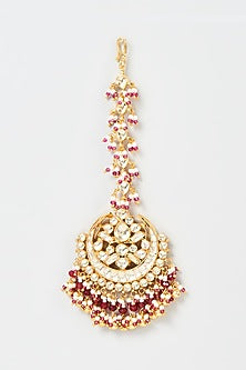 Gold Finish Yellow Kundan Polki & Pearl Chand Maang Tikka