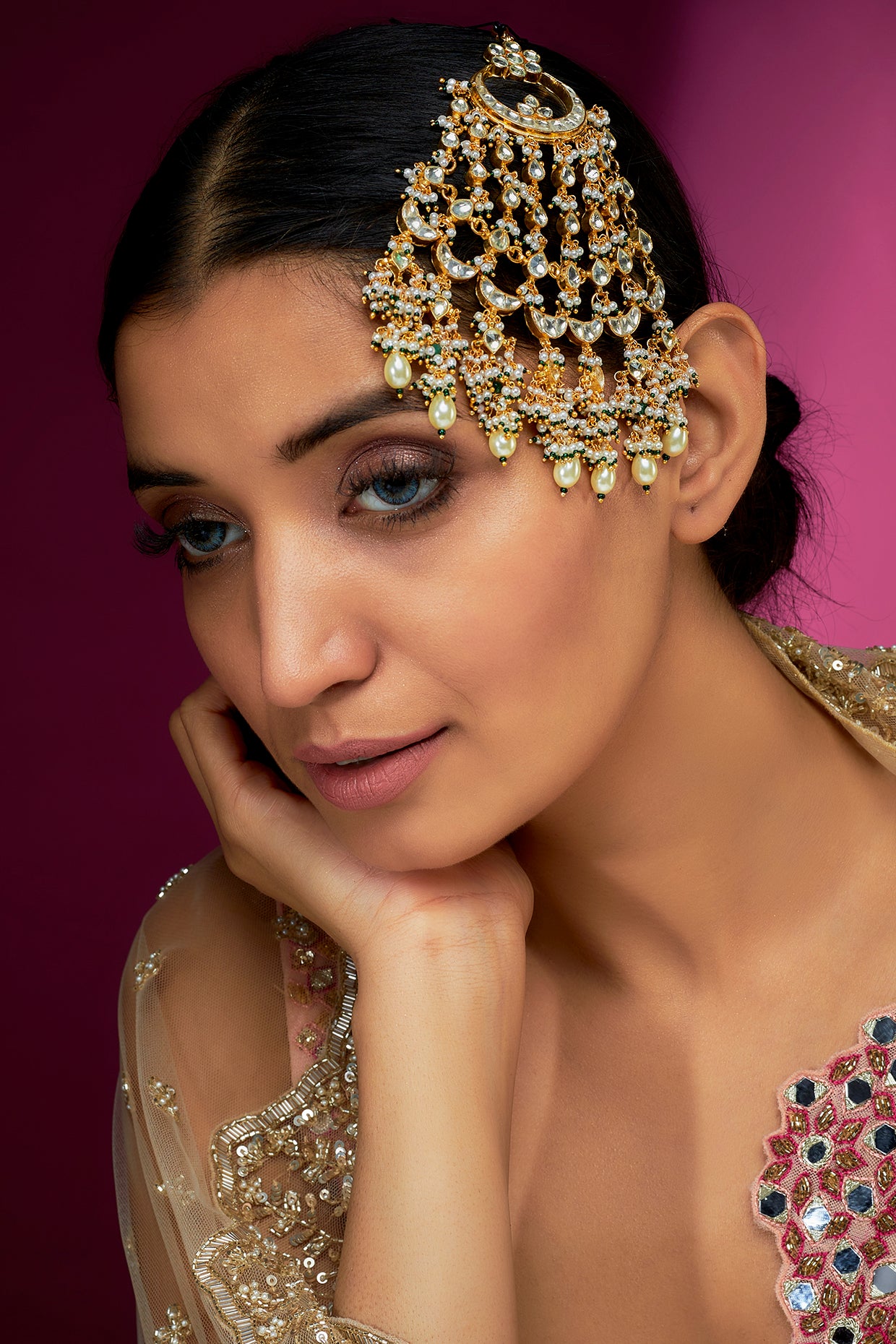 Gold Finish Yellow Kundan Polki & Pearls Chand Pasa