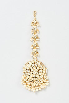 Gold Finish Yellow Kundan Polki & Pearl Maang Tikka