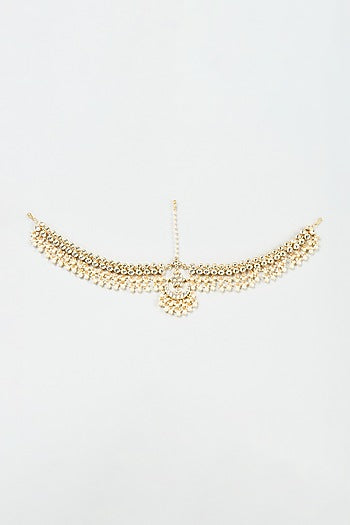 Gold Finish Yellow Kundan Polki & Pearl Mathapatti
