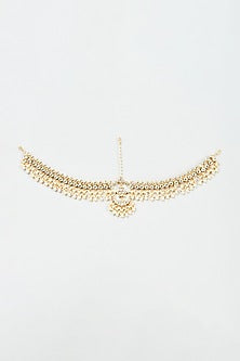 Gold Finish Yellow Kundan Polki & Pearl Mathapatti
