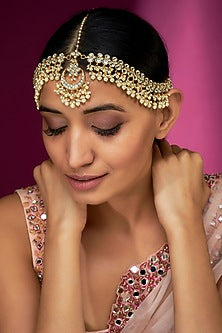 Gold Finish Yellow Kundan Polki & Pearl Mathapatti