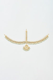 Gold Finish Yellow Kundan Polki & Mint Pearl Mathapatti