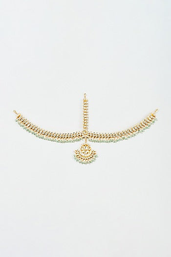 Gold Finish Yellow Kundan Polki & Mint Pearl Mathapatti
