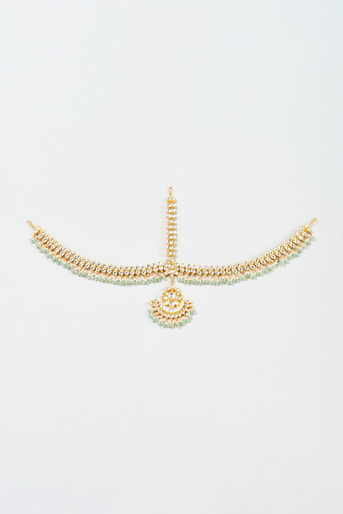 Gold Finish Yellow Kundan Polki & Mint Pearl Mathapatti