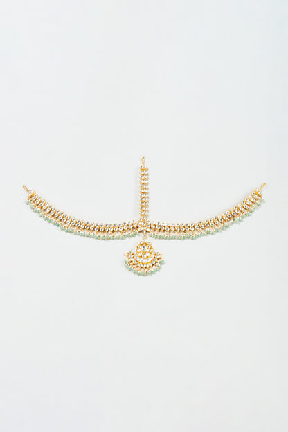 Gold Finish Yellow Kundan Polki & Mint Pearl Mathapatti