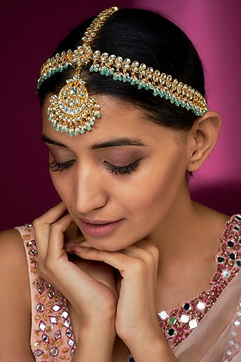Gold Finish Yellow Kundan Polki & Mint Pearl Mathapatti