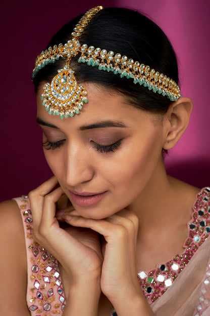 Gold Finish Yellow Kundan Polki & Mint Pearl Mathapatti