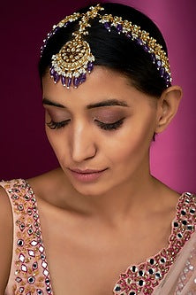 Gold Finish Yellow Kundan Polki & Purple Pearl Mathapatti