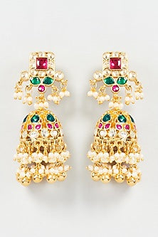 Gold Finish Multi-Colored Kundan Polki & Pearl Jhumka Earrings