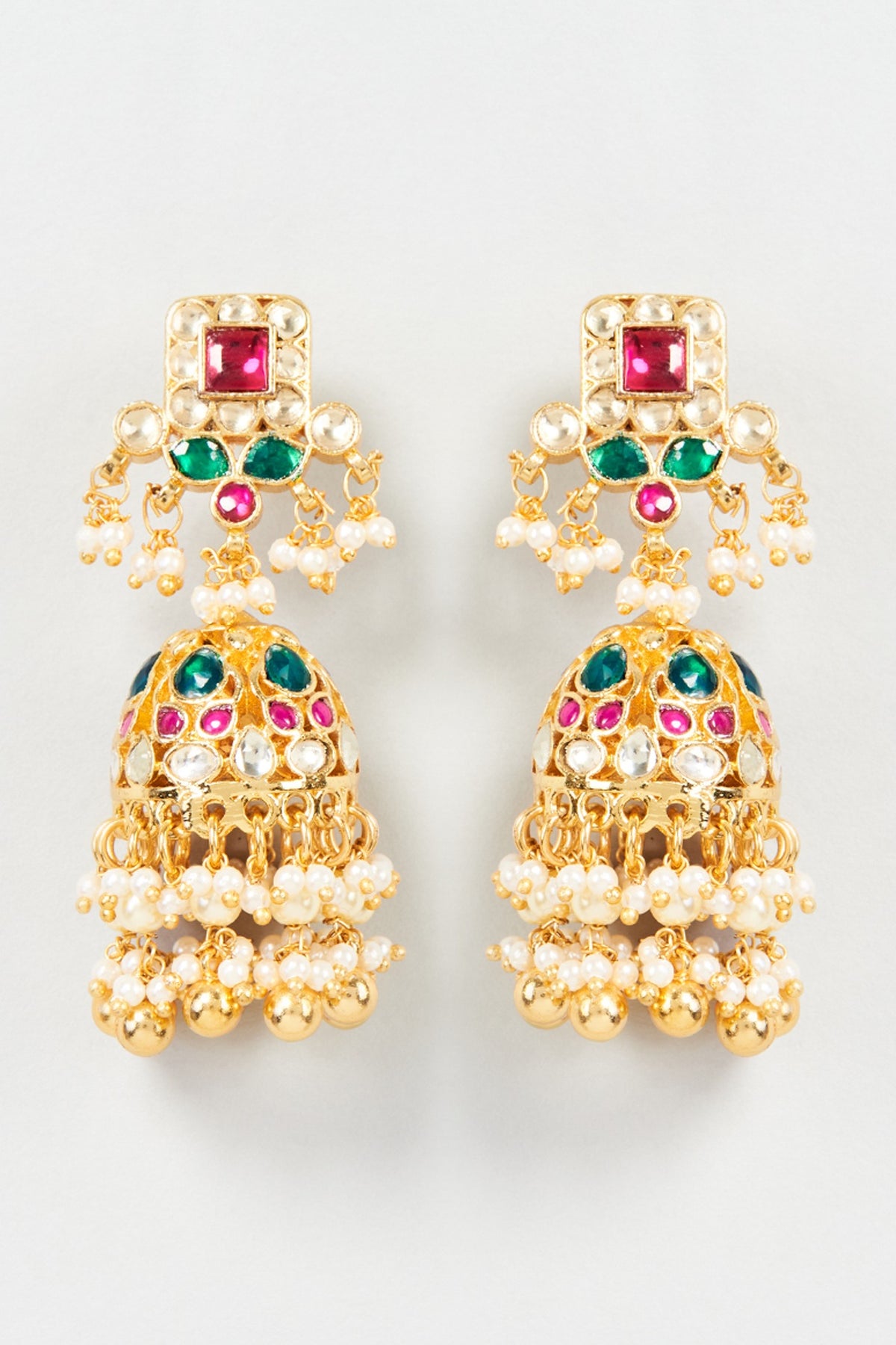 Gold Finish Multi-Colored Kundan Polki & Pearl Jhumka Earrings