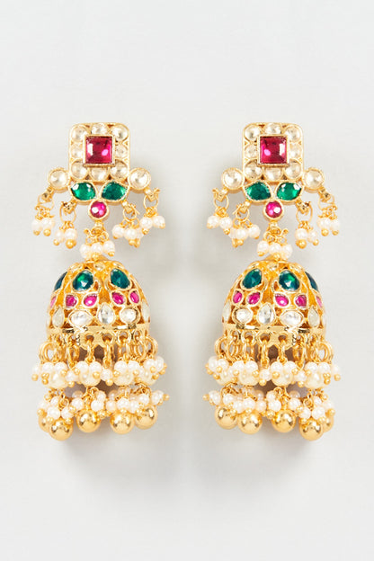 Gold Finish Multi-Colored Kundan Polki & Pearl Jhumka Earrings