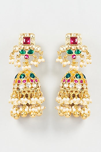 Gold Finish Multi-Colored Kundan Polki & Pearl Jhumka Earrings
