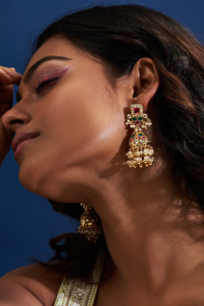 Gold Finish Multi-Colored Kundan Polki & Pearl Jhumka Earrings