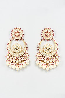 Gold Finish Yellow Kundan Polki & Pearl Chandbali Earrings