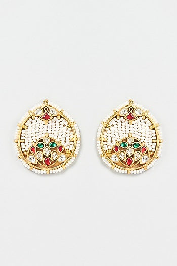 Gold Finish Multi-Colored Kundan Polki Stud Earrings
