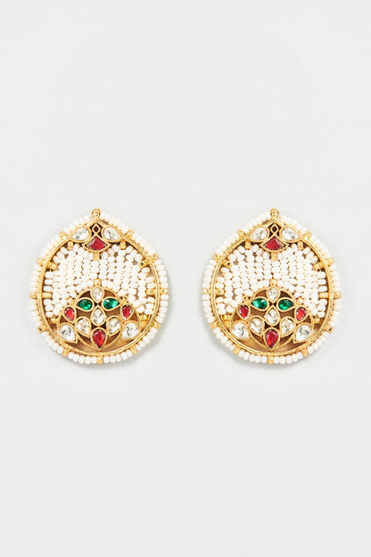 Gold Finish Multi-Colored Kundan Polki Stud Earrings