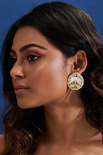 Gold Finish Multi-Colored Kundan Polki Stud Earrings