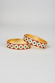 Gold Finish Multi-Colored Kundan Polki Bangles (Set Of 2)