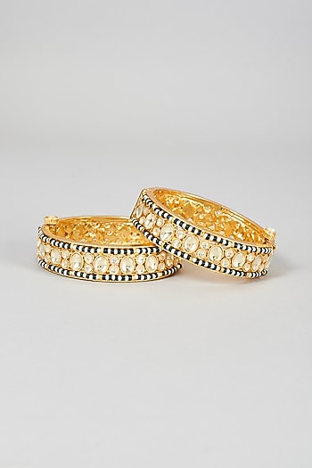 Gold Finish Yellow Kundan Polki Bangles (Set Of 2)