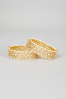 Gold Finish Yellow Kundan Polki Floral Bangles (Set Of 2)