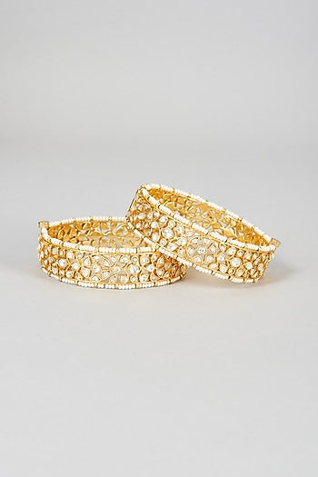 Gold Finish Yellow Kundan Polki Floral Bangles (Set Of 2)