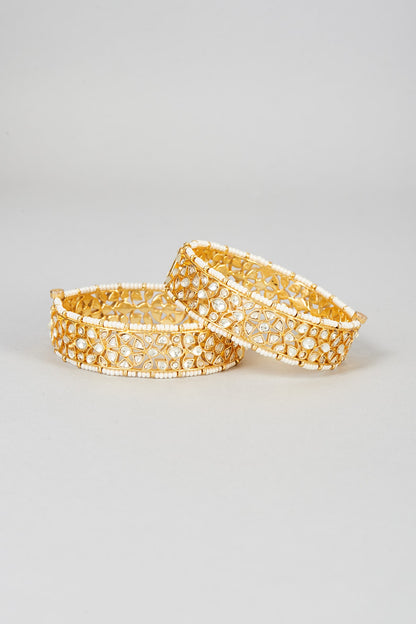 Gold Finish Yellow Kundan Polki Floral Bangles (Set Of 2)