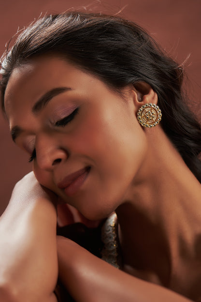 Gold Finish Yellow Kundan Polki Stud Earrings