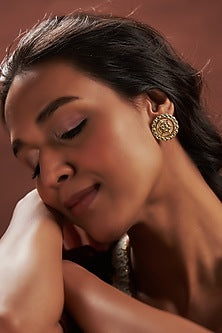 Gold Finish Yellow Kundan Polki Stud Earrings