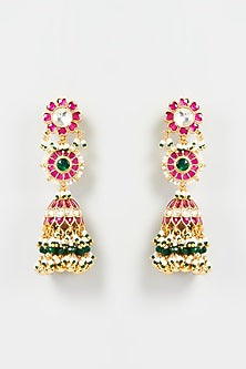 Gold Finish Red & Green Kundan Polki Jhumka Earrings