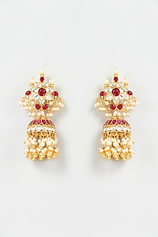 Gold Finish Red Kundan Polki & Pearl Jhumka Earrings