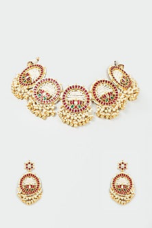 Gold Finish Red Kundan Polki Choker Necklace Set