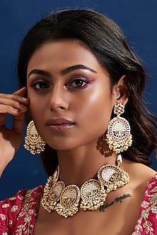 Gold Finish Red Kundan Polki Choker Necklace Set