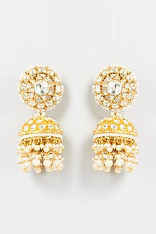 Gold Finish Yellow Kundan Polki Jhumka Earrings With Maangtikka
