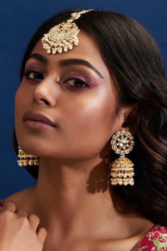 Gold Finish Yellow Kundan Polki Jhumka Earrings With Maangtikka