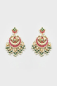 Gold Finish Red Kundan Polki Jhumka Earrings With Maangtikka
