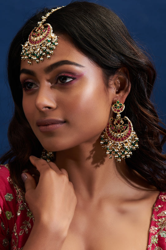 Gold Finish Red Kundan Polki Jhumka Earrings With Maangtikka