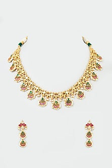 Gold Finish Red Kundan Polki Choker Necklace Set