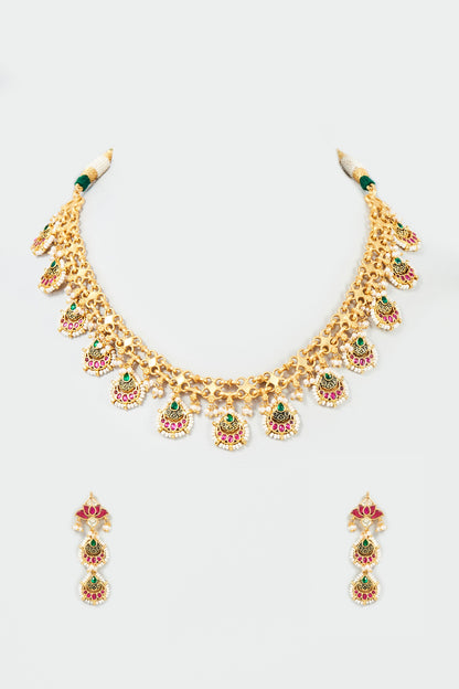 Gold Finish Red Kundan Polki Choker Necklace Set