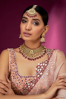 Gold Finish Yellow Kundan Polki Choker Necklace Set