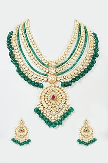 Gold Finish Yellow & Green Kundan Polki Mala Set