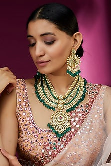 Gold Finish Yellow & Green Kundan Polki Mala Set