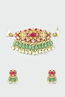 Gold Finish Red & Mint Kundan Polki Choker Necklace Set