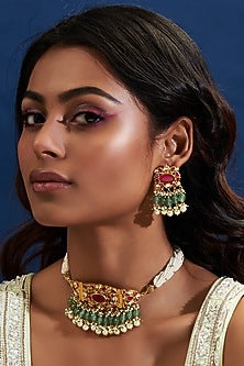 Gold Finish Red & Mint Kundan Polki Choker Necklace Set