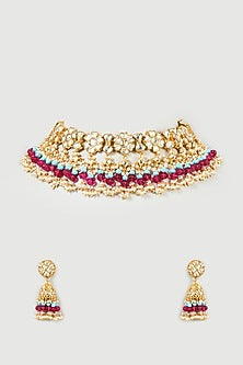 Gold Finish Yellow & Pink Kundan Polki Choker Necklace Set