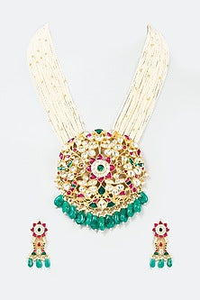 Gold Finish Green Kundan Polki Mala Set