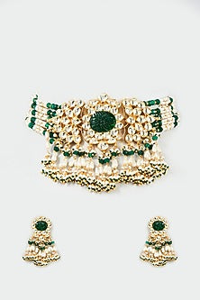 Gold Finish Yellow & Green Kundan Polki Choker Necklace Set