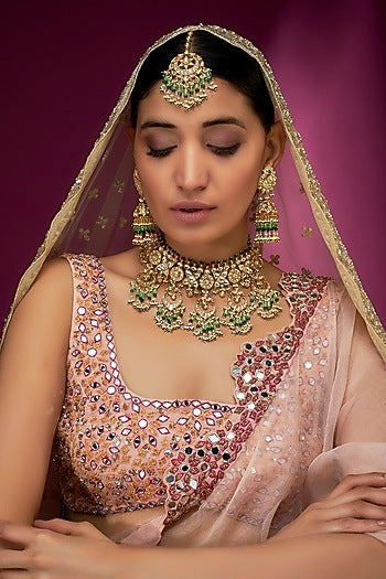 Gold Finish Yellow & Mint Kundan Polki Choker Necklace Set