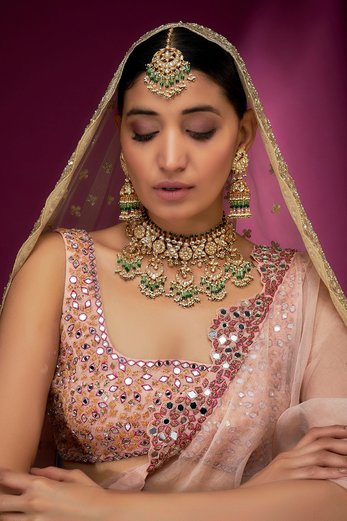 Gold Finish Yellow & Mint Kundan Polki Choker Necklace Set